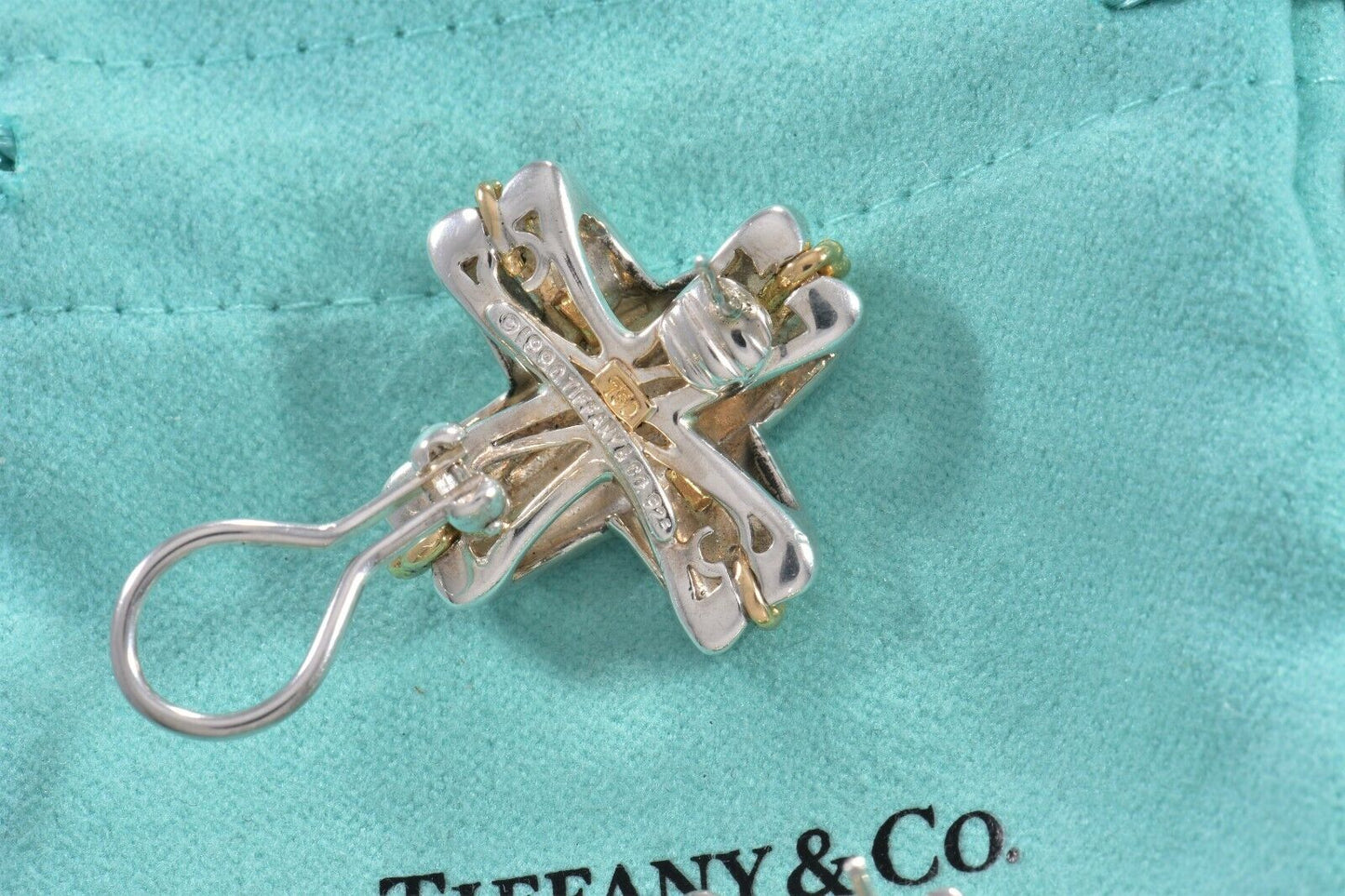 Vintage Tiffany & Co 18kt Gold Silver Signature X Clip Stud Earrings Pouch Rare