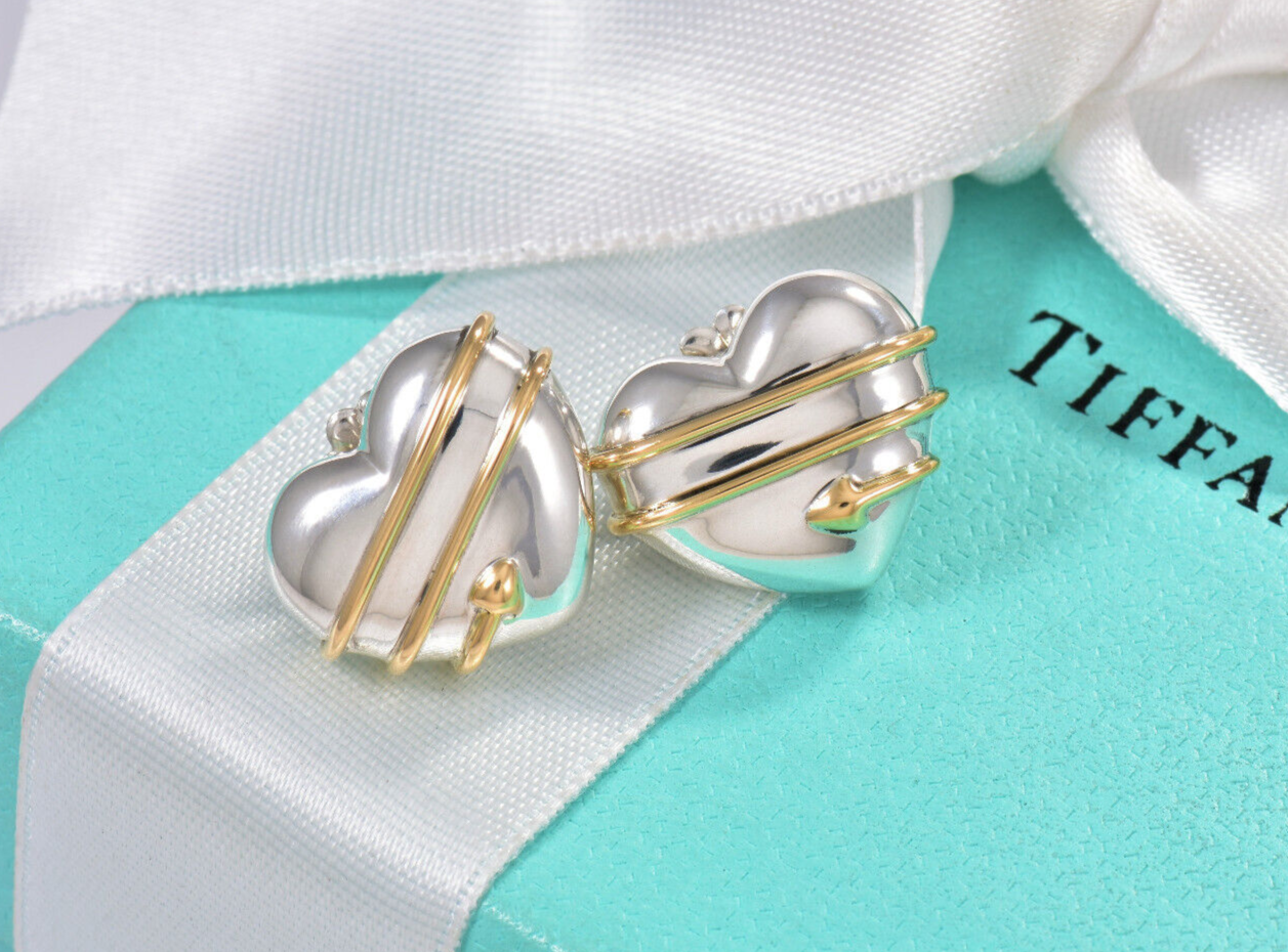 Vintage Tiffany & Co 18k Gold Silver Heart Arrow Puff Stud Earrings in Pouch