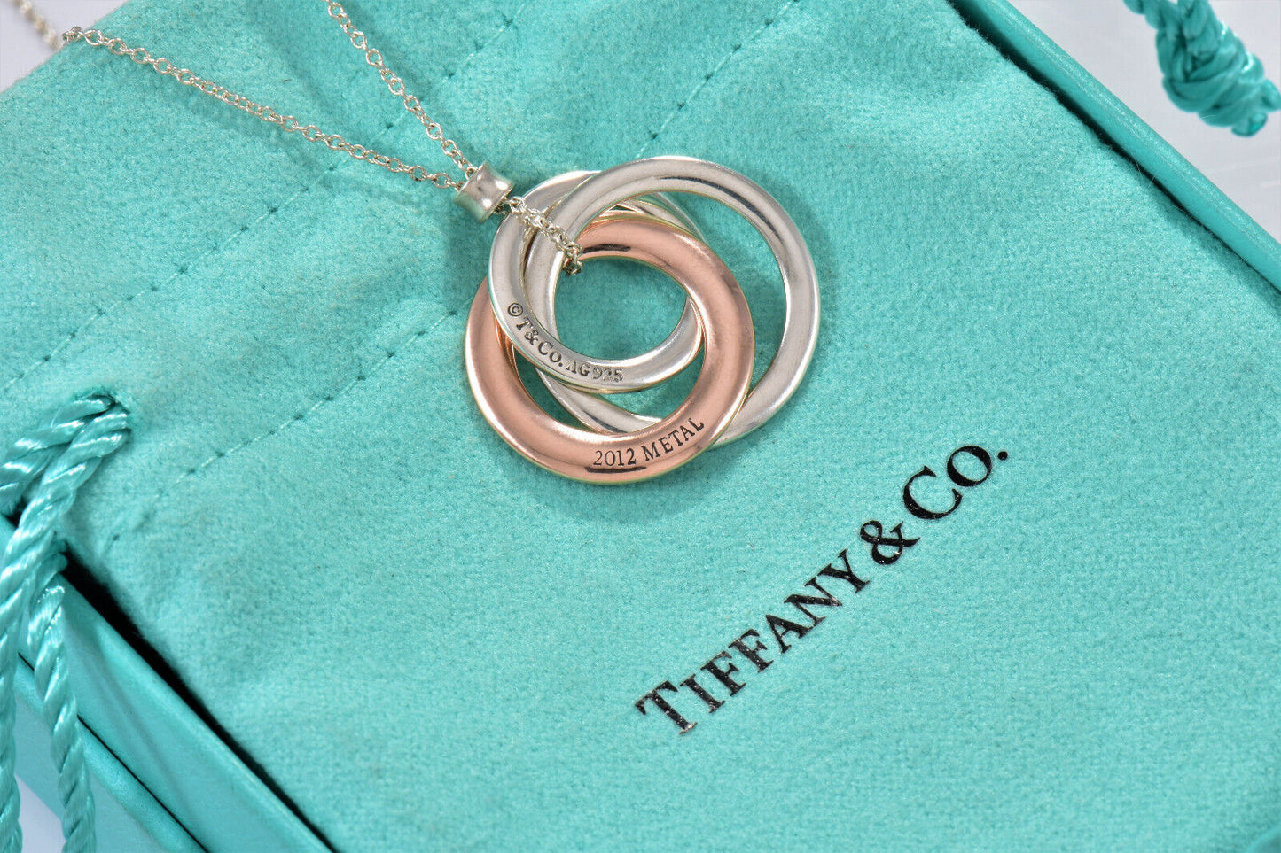 Tiffany & Co Silver Rubedo Metal 1837 Interlocking Circles Pendant Necklace Box