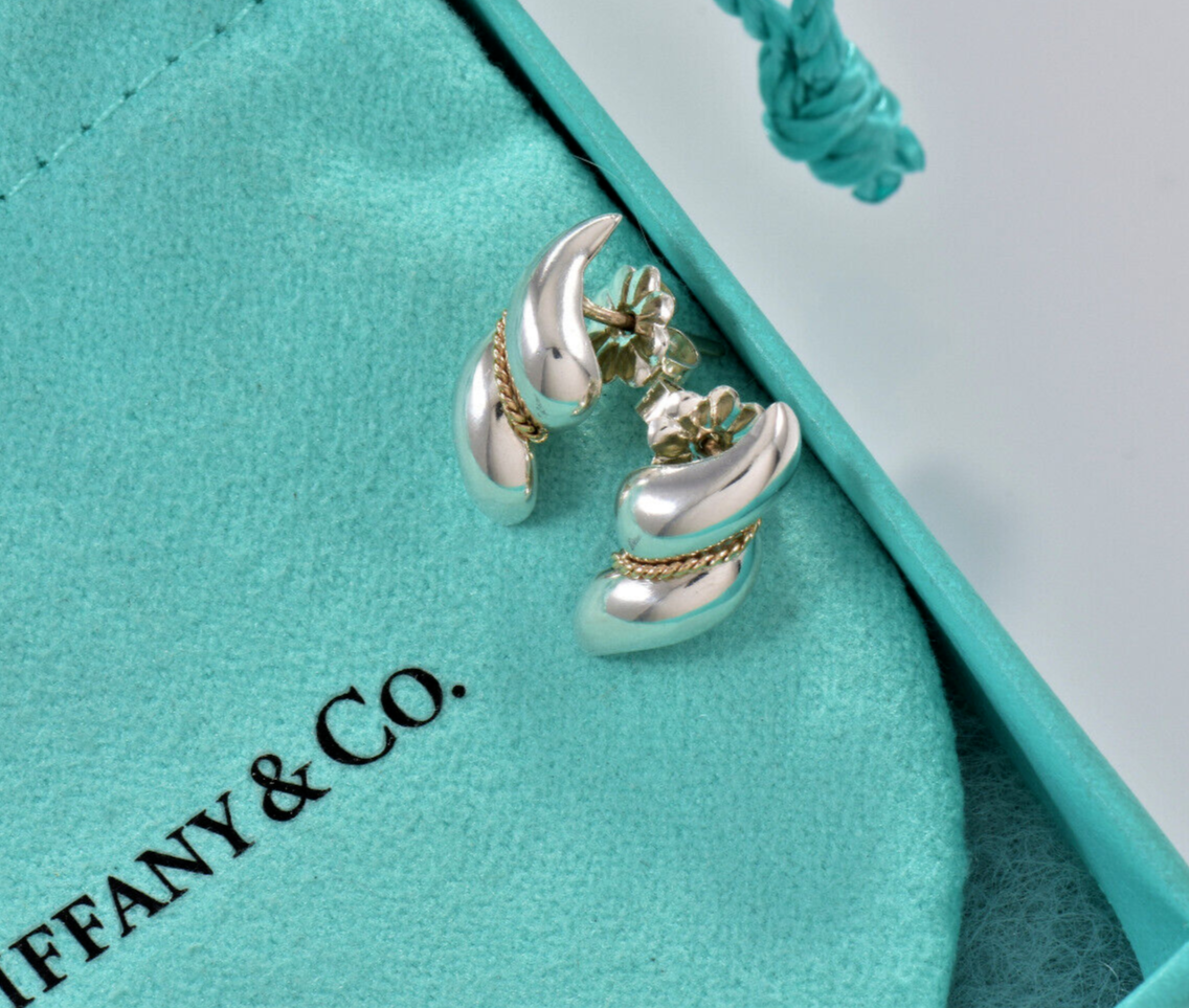 Vintage Tiffany & Co 14K Gold Silver Sea Shell Shrimp Braid Swirl Earrings Pouch