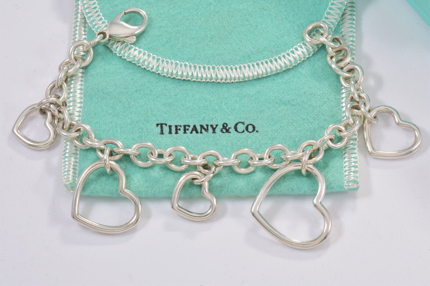 Tiffany & Co Silver Five Open Heart Multi Charm 7.5" Chain Bracelet Dangle 5