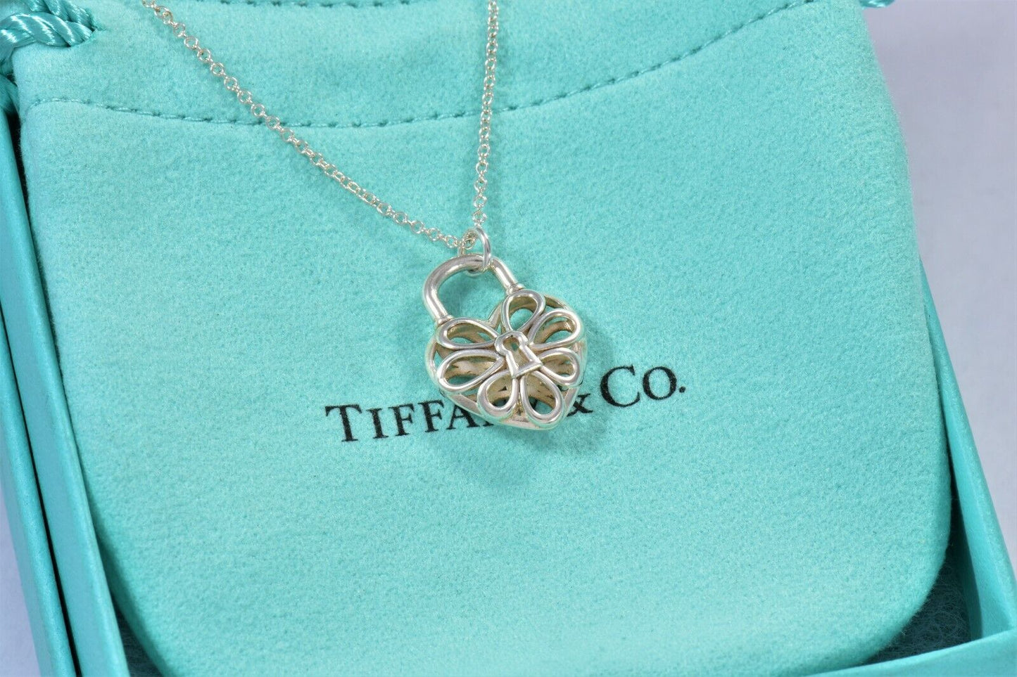 Tiffany & Co Sterling Silver Filigree Heart Lock Pendant Necklace in Pouch