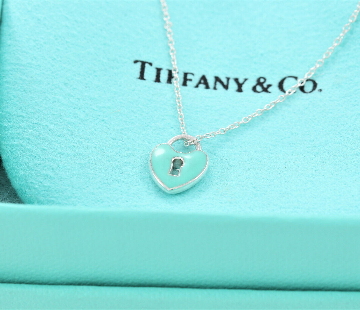 Tiffany & Co Silver Blue Enamel Small Heart Lock 16.5" Necklace in Pouch Keyhole