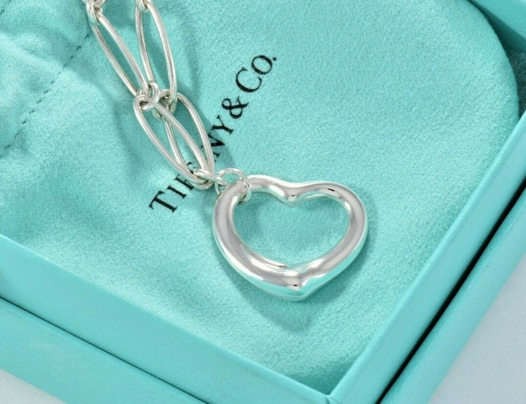 Tiffany & Co Elsa Peretti Silver Open Heart Oval Linked Chain 6" Bracelet Pouch