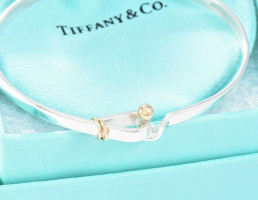 Tiffany & Co Silver 18K Yellow Gold Hook & Eye Bangle 7.5" Bracelet in Pouch