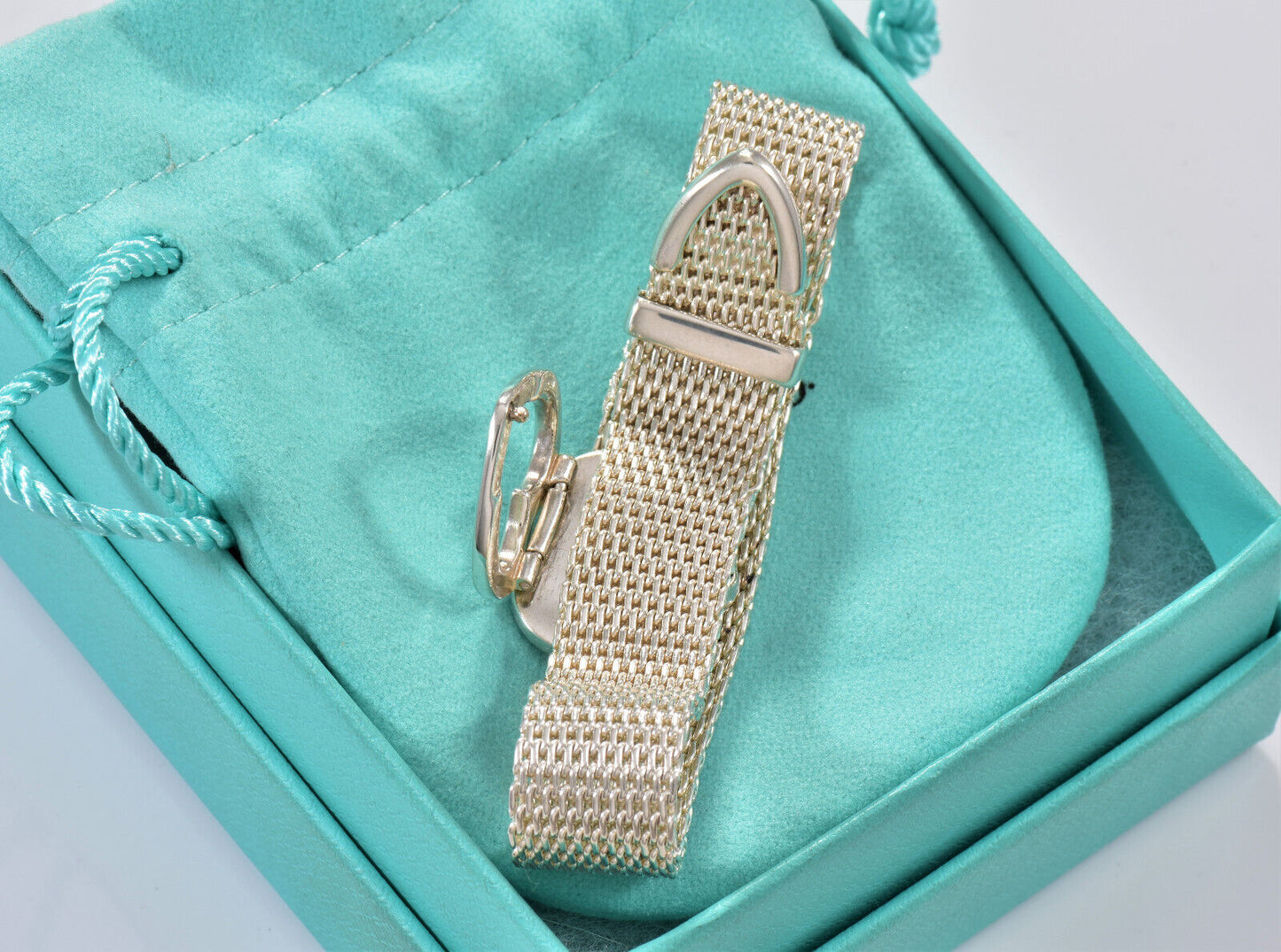 Tiffany & Co Silver Somerset Heart Mesh Belt Buckle 9" Bracelet in Pouch Rare