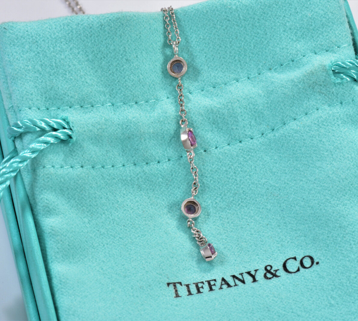 Tiffany & Co Pink Sapphire Chandelier 18K White Gold Drop Pendant Necklace Boxed