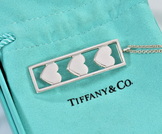 Tiffany & Co Sterling Silver Three Heart Bar Pendant 16" Necklace in Pouch Rare