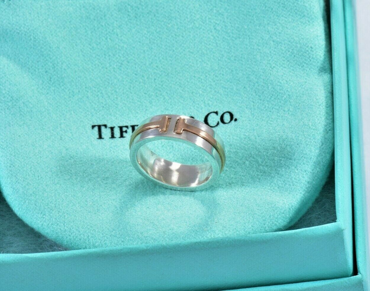 Tiffany & Co Silver 18k Rose Gold T Square 6mm Wide Band Ring Size 4 and Pouch