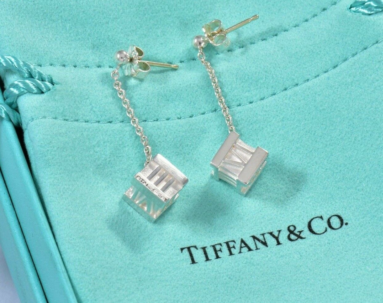 Tiffany & Co Sterling Silver Atlas Square Cube Dangling Earrings and Pouch Rare