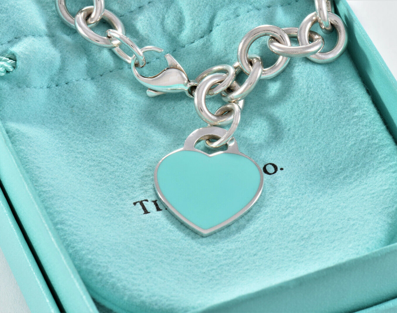 Please Return To Tiffany & Co Silver Blue Enamel Heart Chain Link 7.7" Bracelet