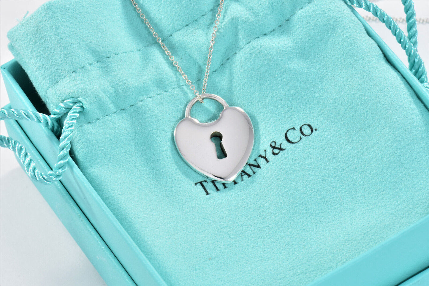 Tiffany & Co Sterling Silver Large Keyhole Heart Lock 16.5" Necklace Pouch Rare