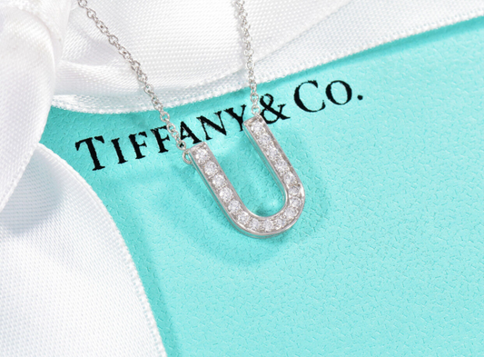 Tiffany & Co Platinum Diamond Large Letter U Pendant 16.5" Necklace In Box Pouch