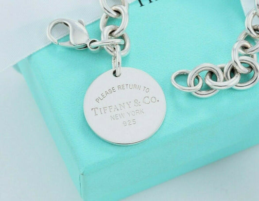 Vintage Please Return to Tiffany & Co Circle Round Tag Charm 7.7" Chain Bracelet