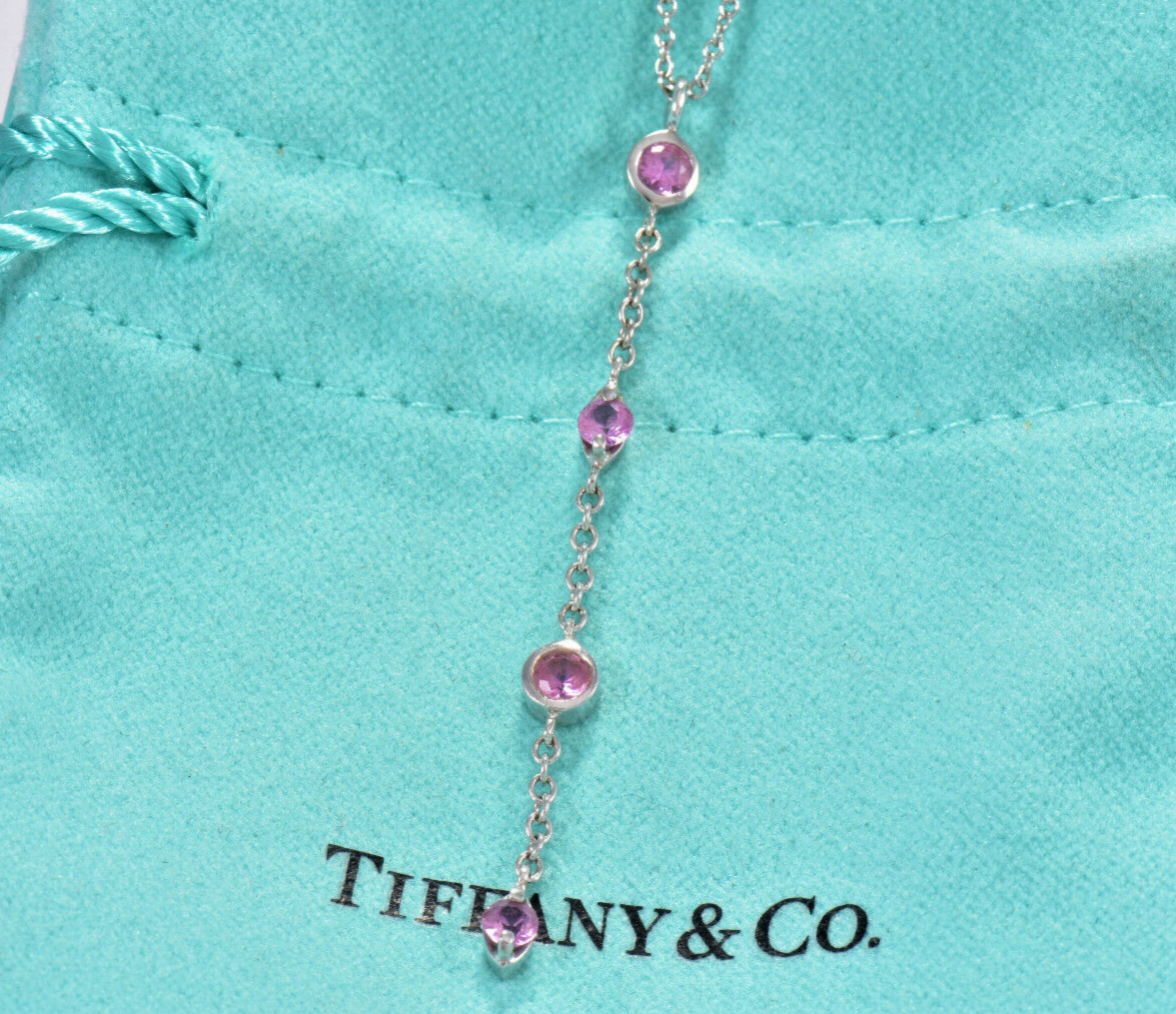 Tiffany & Co Pink Sapphire Chandelier 18K White Gold Drop Pendant Necklace Boxed