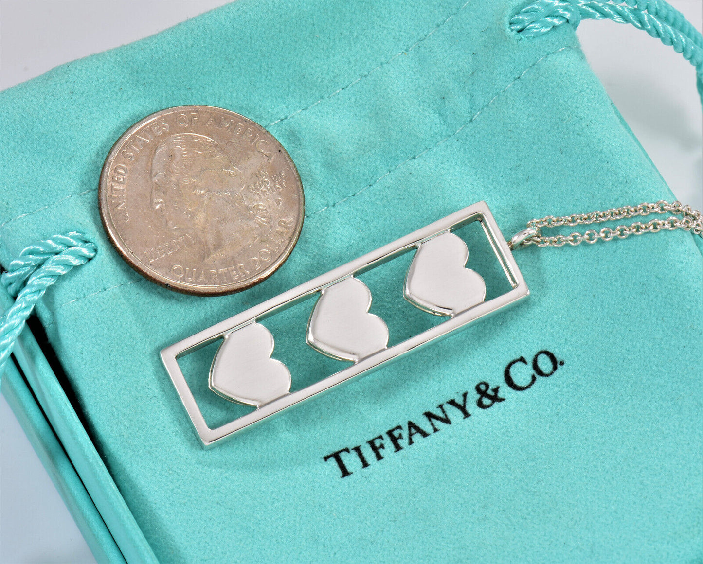 Tiffany & Co Sterling Silver Three Heart Bar Pendant 16" Necklace in Pouch Rare