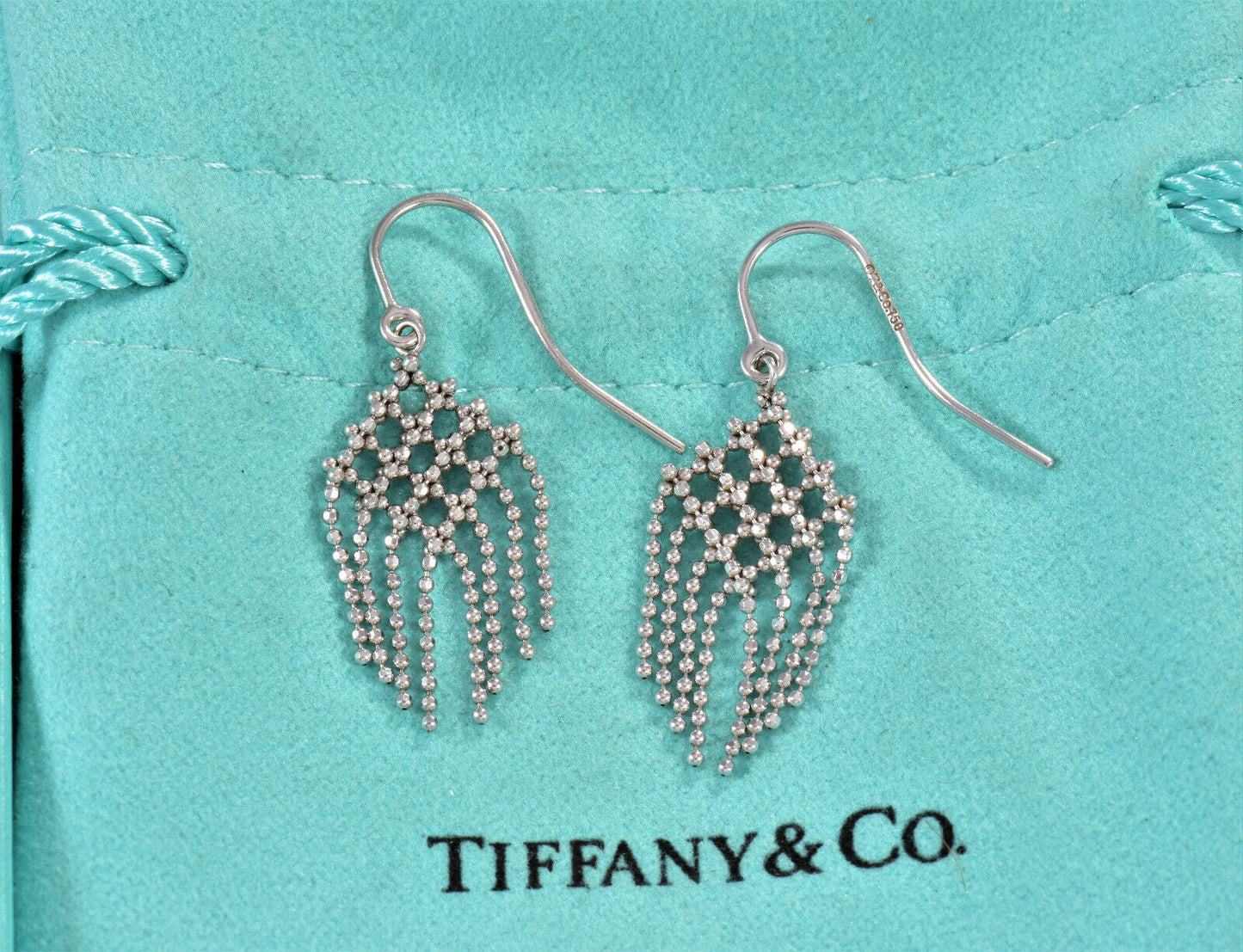 Tiffany & Co 18K White Gold Fringe Flower Hook Drop Earrings Boxed Dangle Gatsby