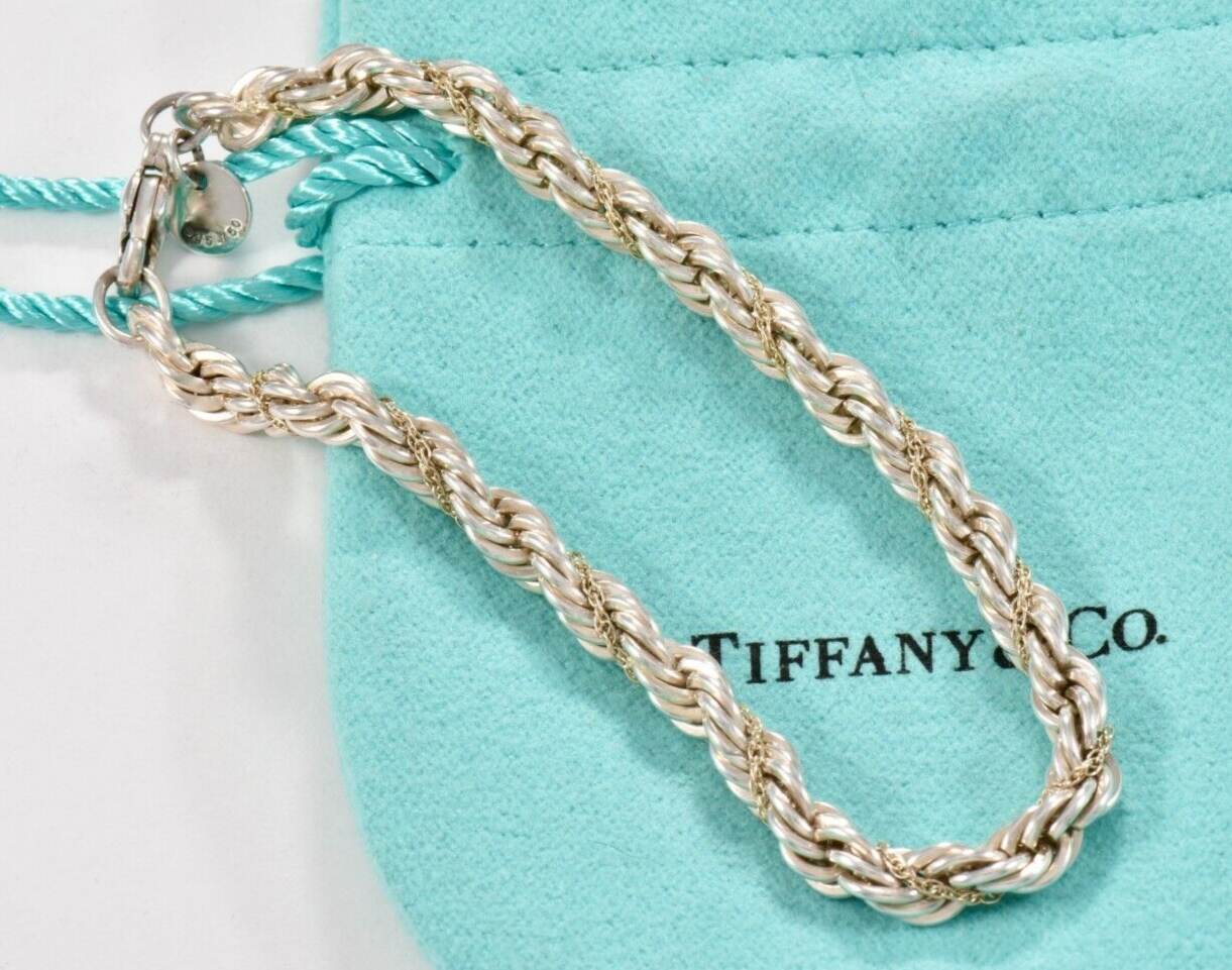 Vintage Tiffany & Co Silver 18K Yellow Gold Rope Chain 7.25" Bracelet in Pouch