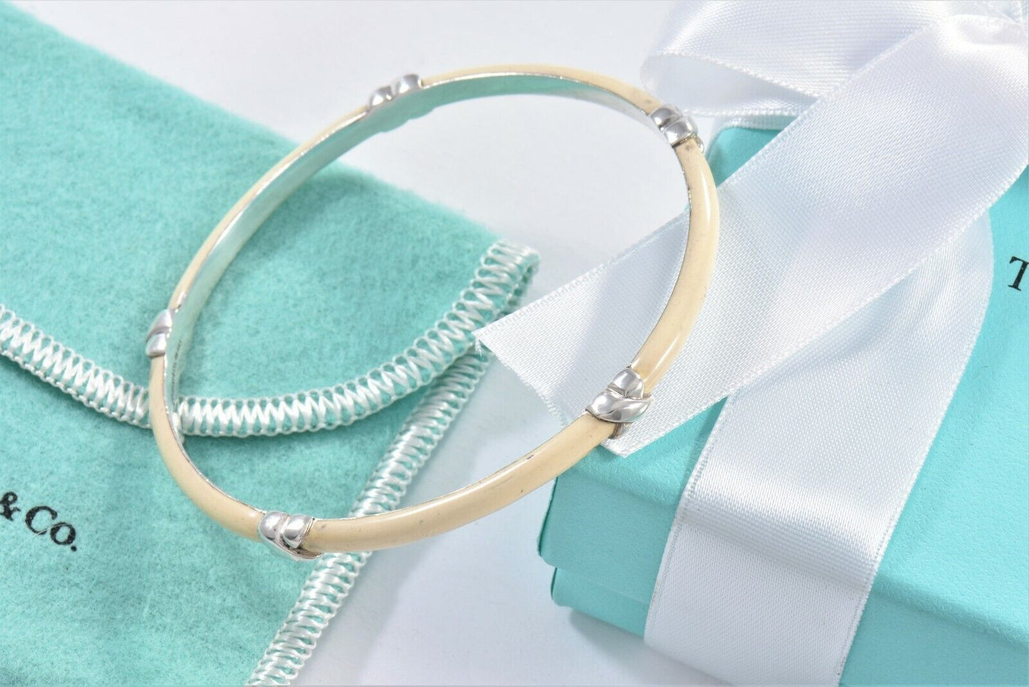 Tiffany & Co Italy Silver Signature X White Enamel Bangle Large Bracelet & Pouch