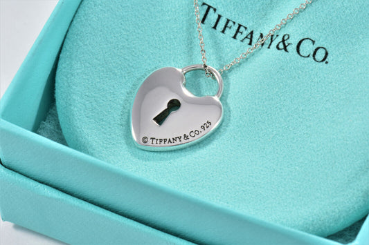 Tiffany & Co Sterling Silver Large Keyhole Heart Lock 16.5" Necklace Pouch Rare