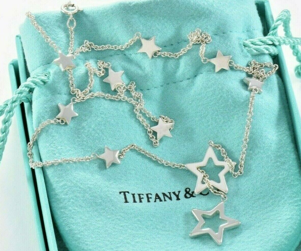 Tiffany & Co Silver Star Link Lariat Pendant Adjustable Necklace and Box Pouch