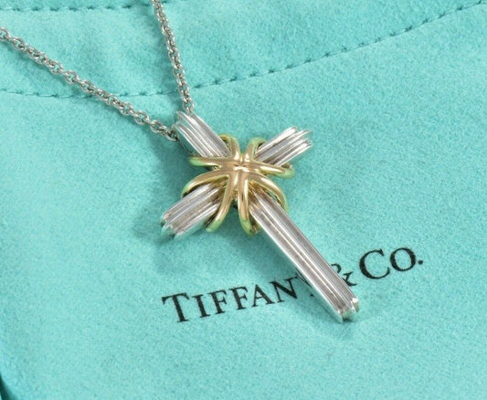 Tiffany & Co 18K Yellow Gold Sterling Silver Cross 24.5" Necklace in Pouch Rare