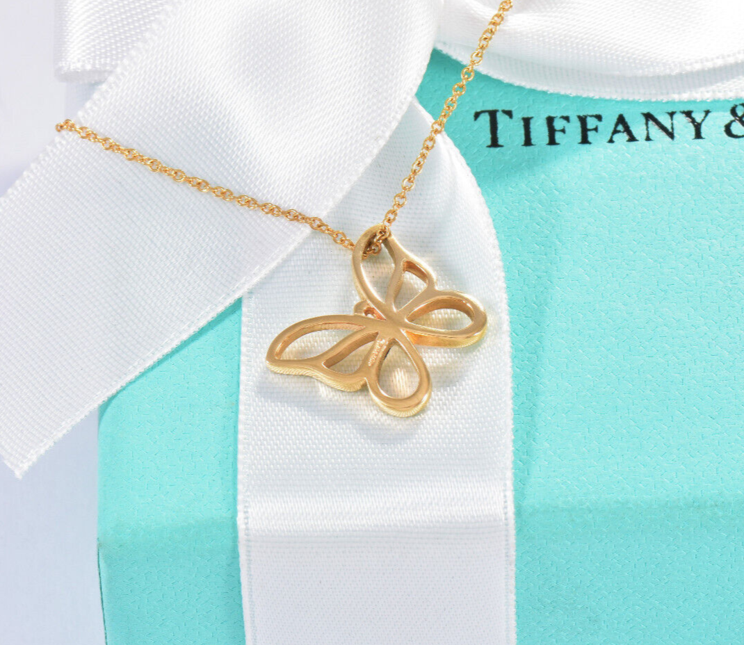 Tiffany & Co 18K Yellow Gold Butterfly Pendant 16.25" Necklace in Box Pouch Rare