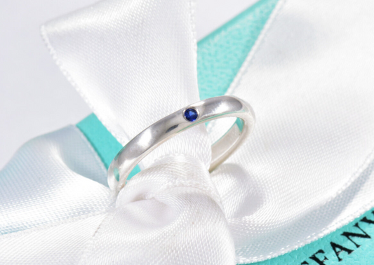 Tiffany & Co Silver Elsa Peretti Blue Sapphire Stack Ring Size 6.5 in Pouch Rare