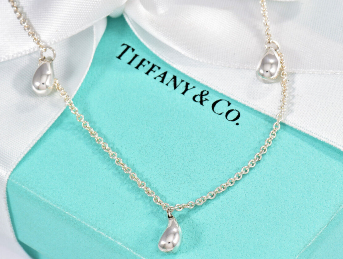 Tiffany & Co Elsa Peretti Silver Three Teardrop Pendant 16" Necklace Pouch Rare