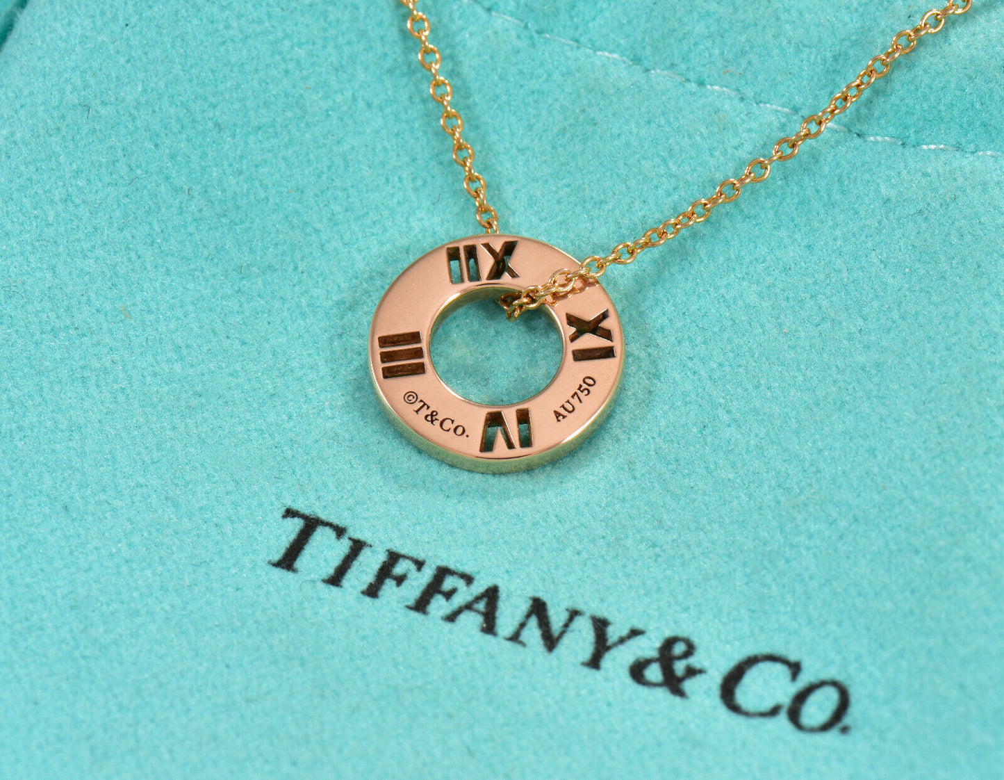 Tiffany & Co Diamond 18K Rose Gold Atlas Circle Pendant Necklace in Box Pouch