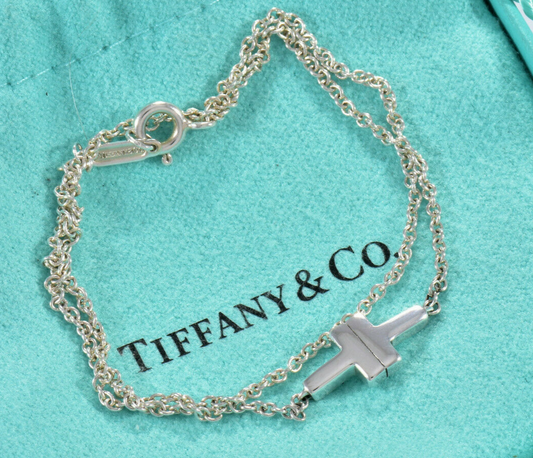 Tiffany & Co Silver T Square Double Chain 6" Wrap Bracelet in Pouch Rare