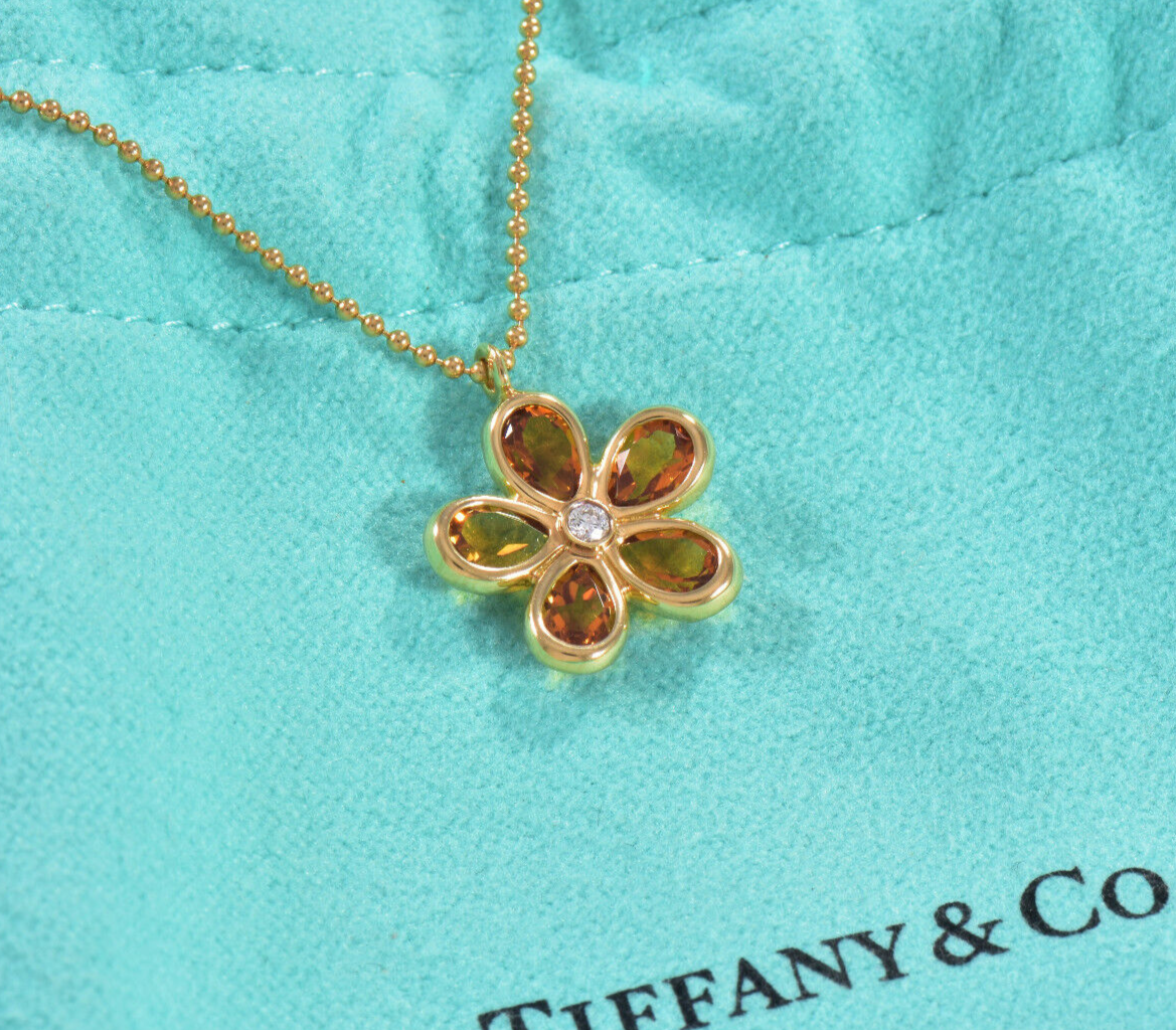 Tiffany & Co Diamond 18K Gold Citrine Garden Flower Bead Necklace in Box Pouch