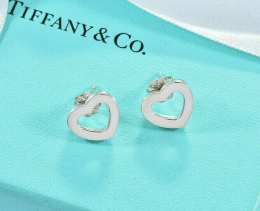 Tiffany & Co Italy Sterling Silver Open Heart Earrings in Pouch Modern Metro