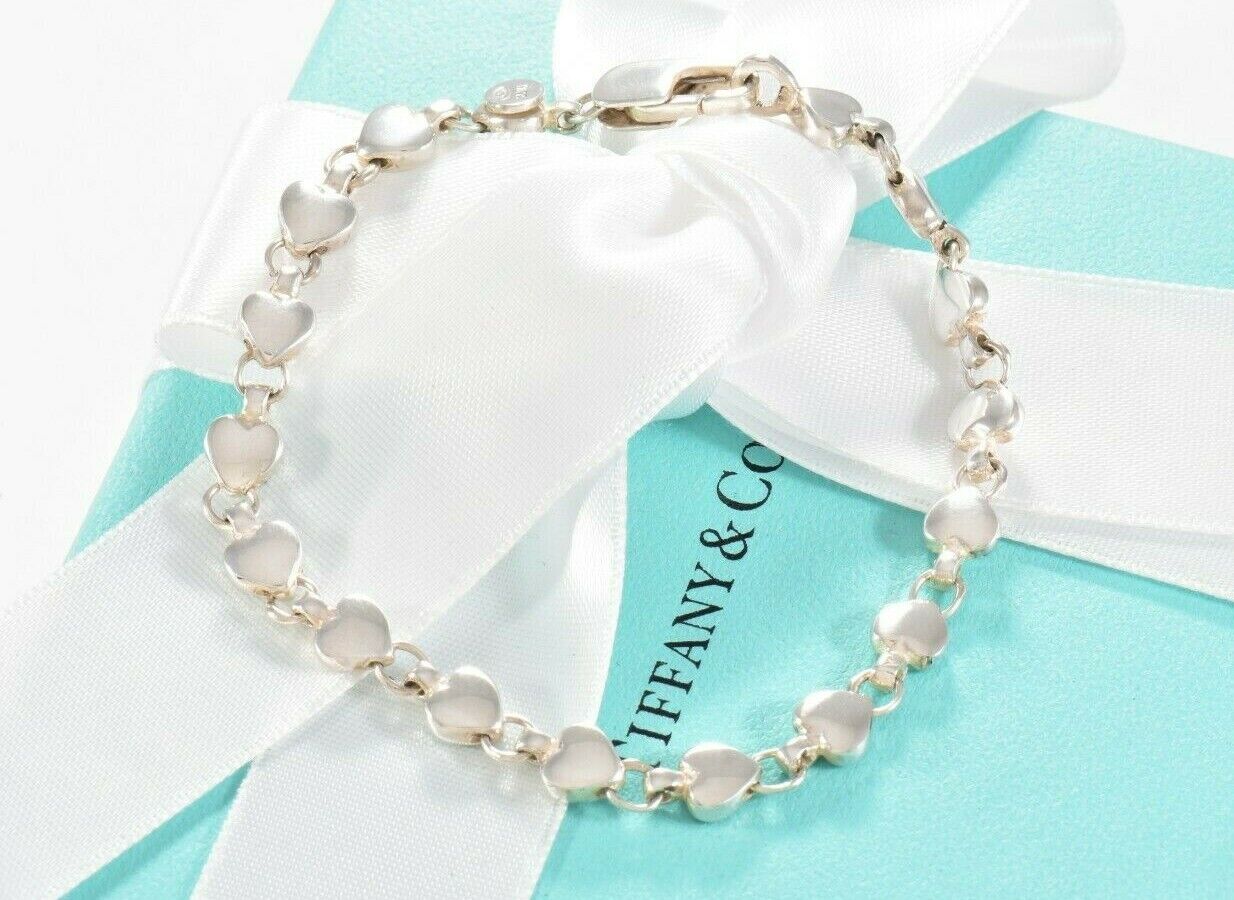 Vintage Tiffany & Co Sterling Silver Heart Link 7.45" Bracelet & Pouch Love Rare