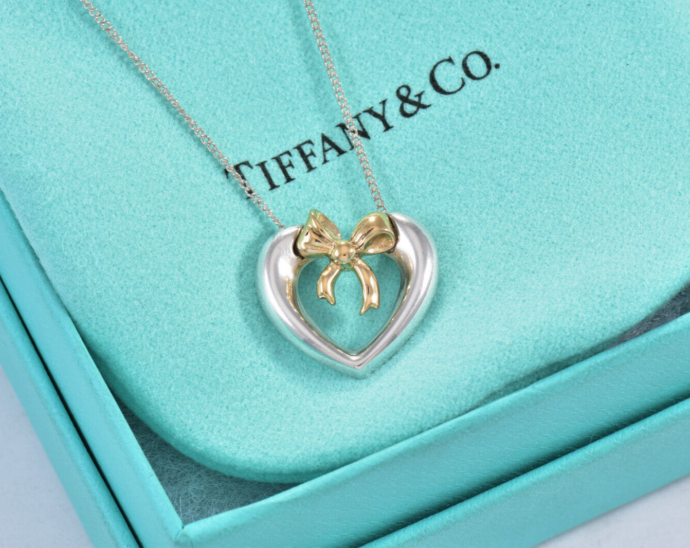 Vintage Tiffany & Co 18K Gold Silver Heart Bow 22" Fringe Necklace in Box Pouch