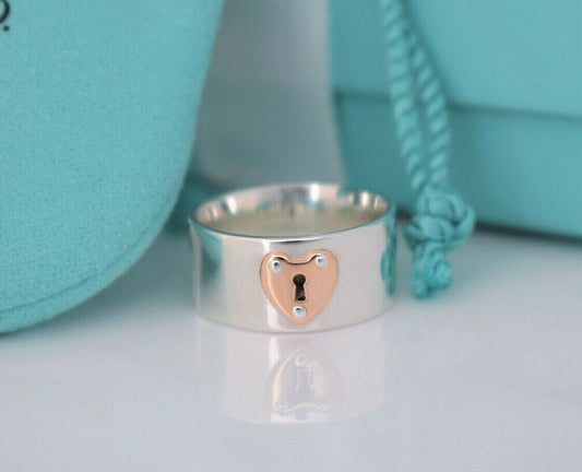 Tiffany & Co 18k Gold Sterling Silver Keyhole Lock Ring Size 6.5 Box Pouch Rare