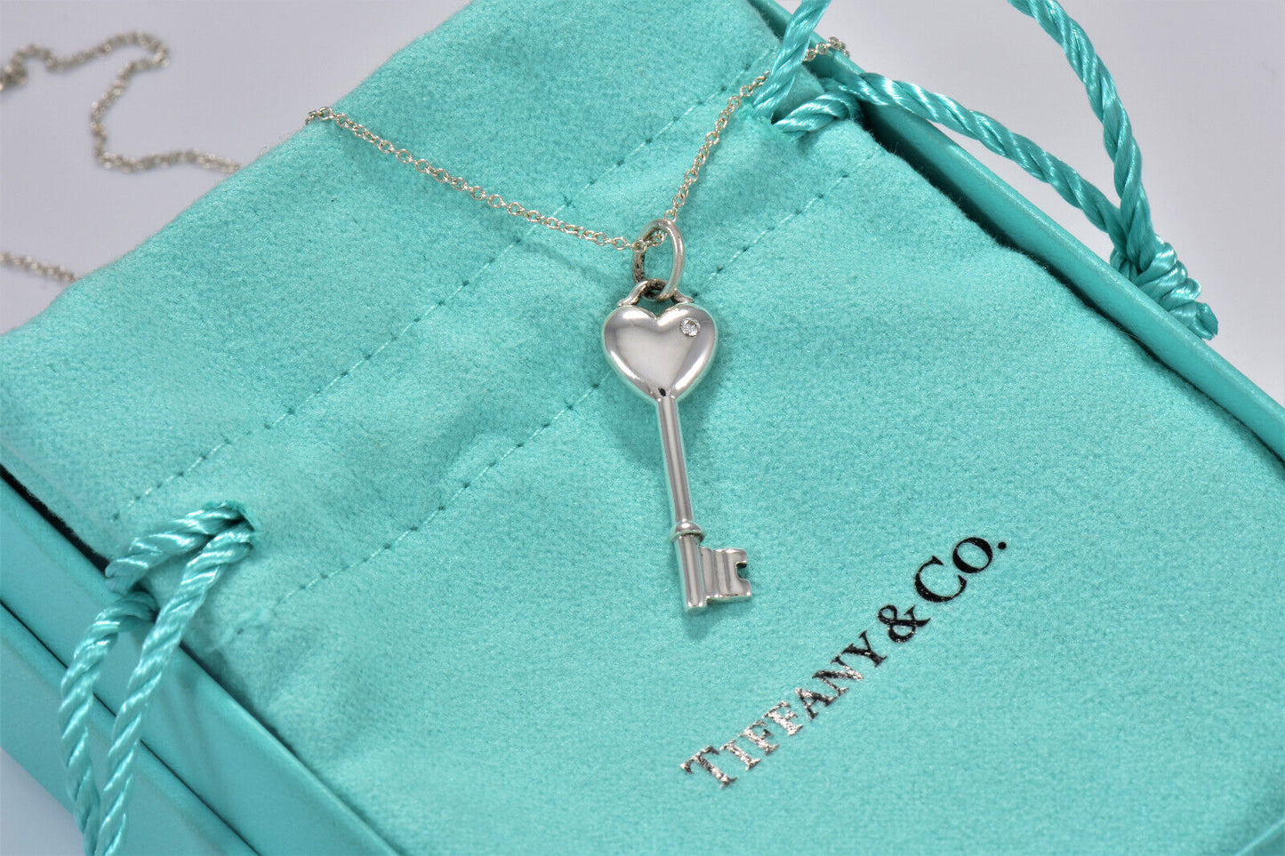 Tiffany & Co Diamond Silver Heart Key Pendant 18" Chain Necklace in Pouch Rare