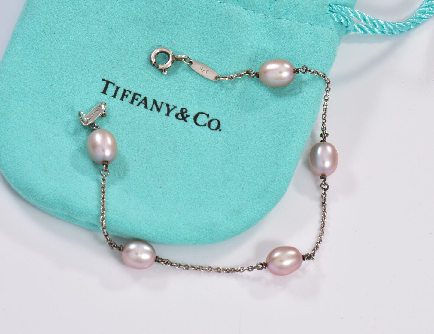 Tiffany & Co Silver Elsa Peretti 5 Pink Pearl By Yard 7.75" Bracelet in Pouch