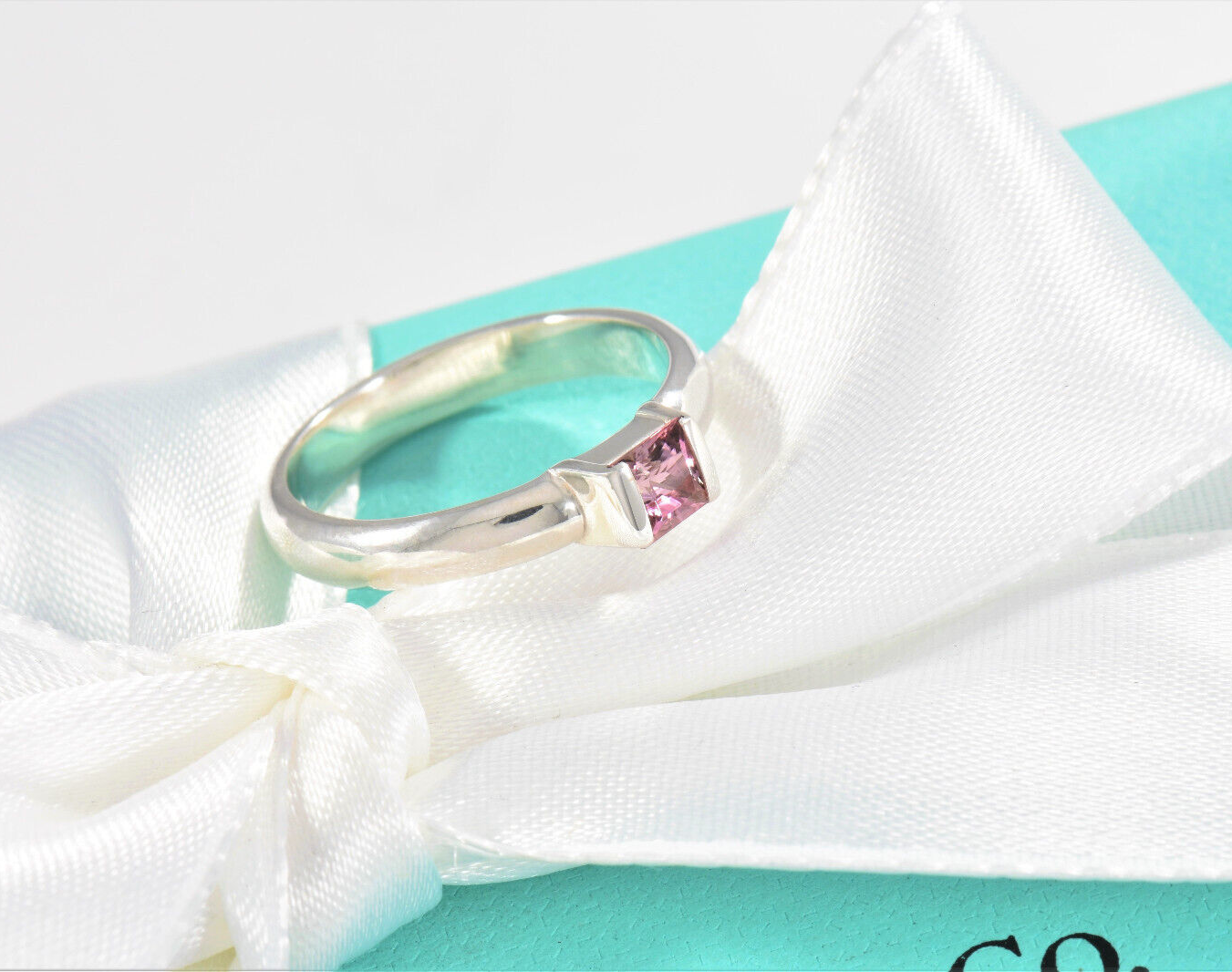 Tiffany & Co Sterling Silver Pink Sapphire Square Stack Band Ring Size 6 Boxed