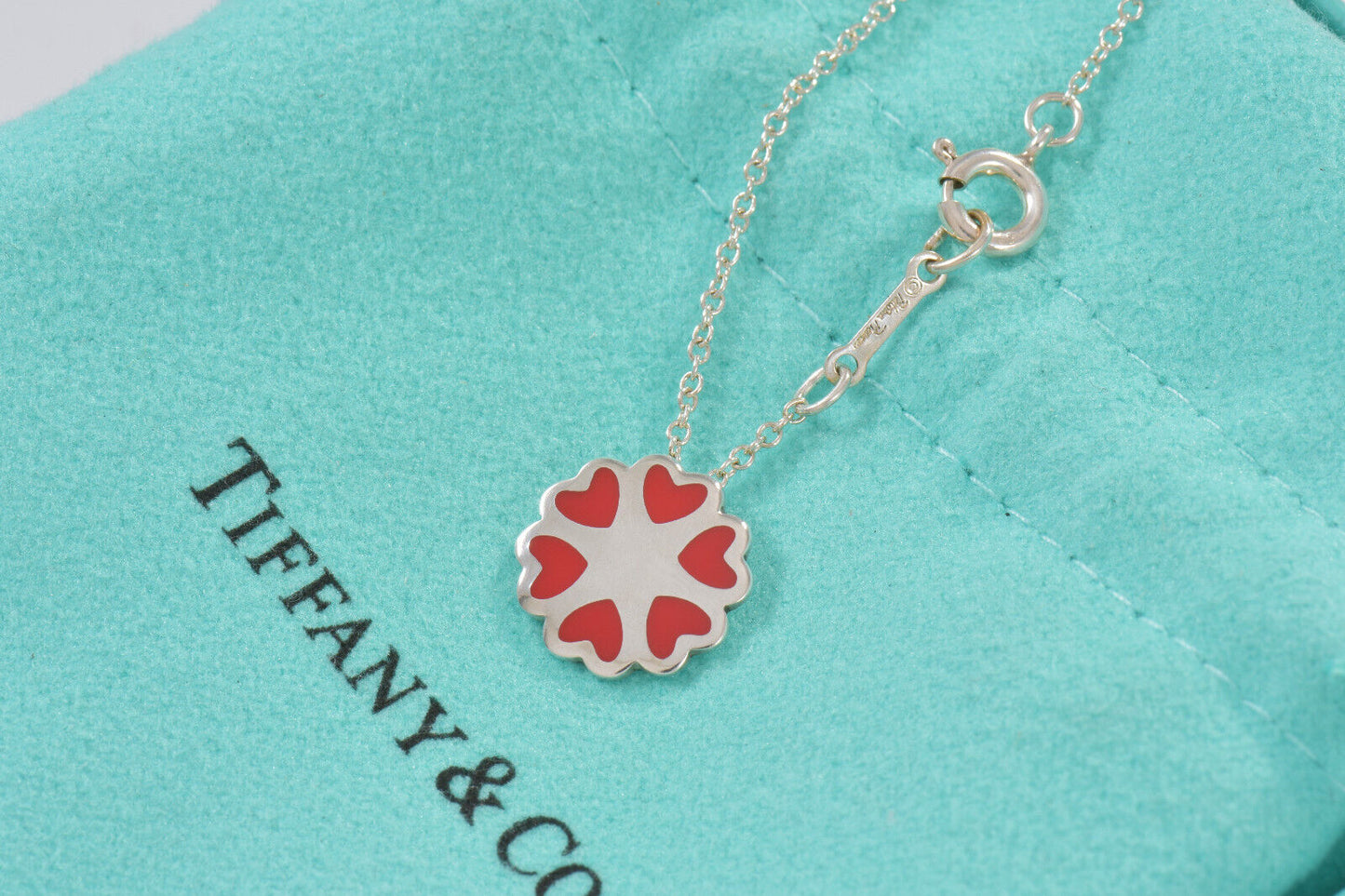 Tiffany & Co Silver Picasso Red Enamel Crown Hearts Pendant 16" Necklace Cluster