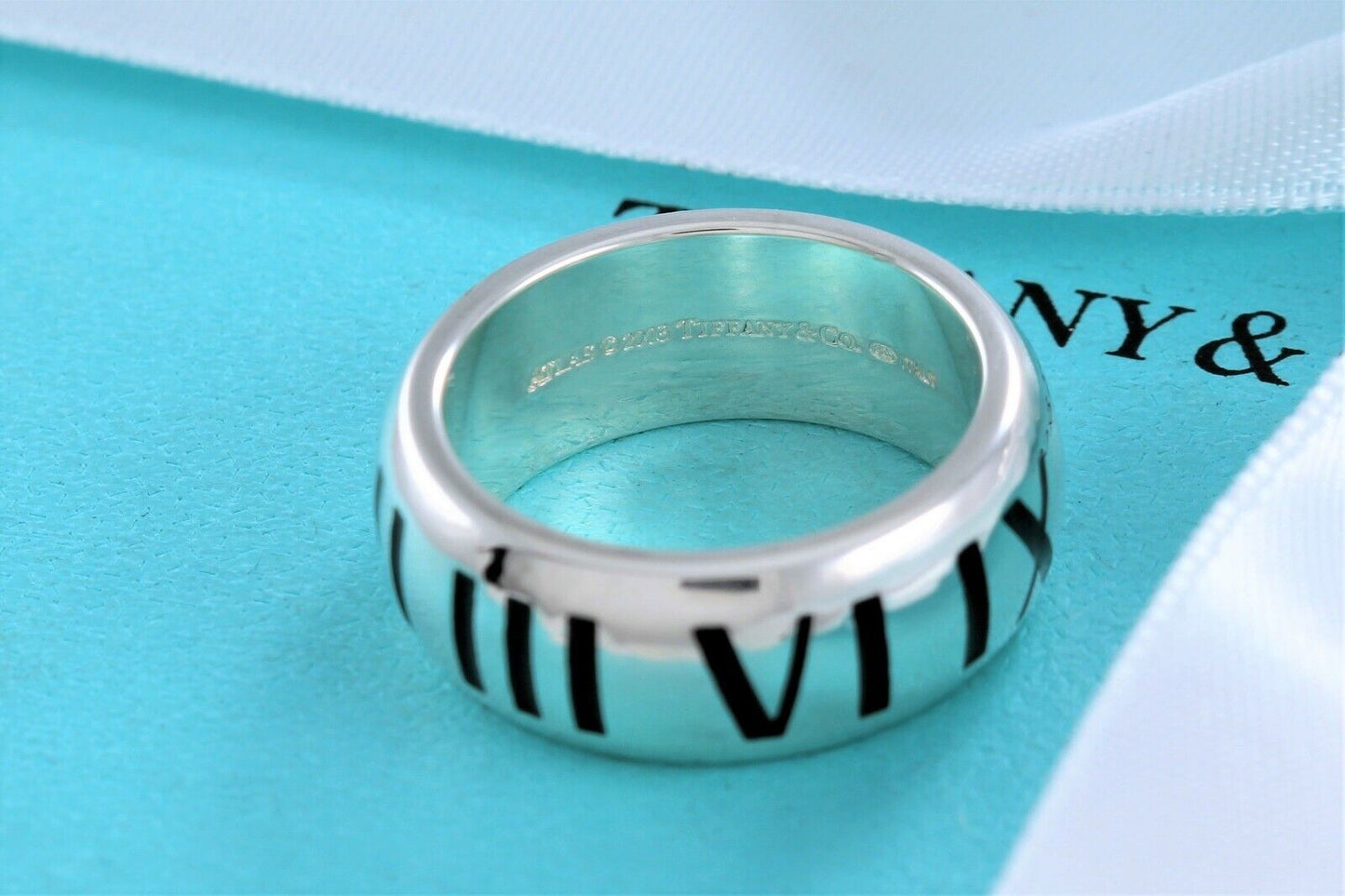 Tiffany & Co Silver Wide Atlas Black Enamel Roman Numerals Ring Size 6.5 & Pouch