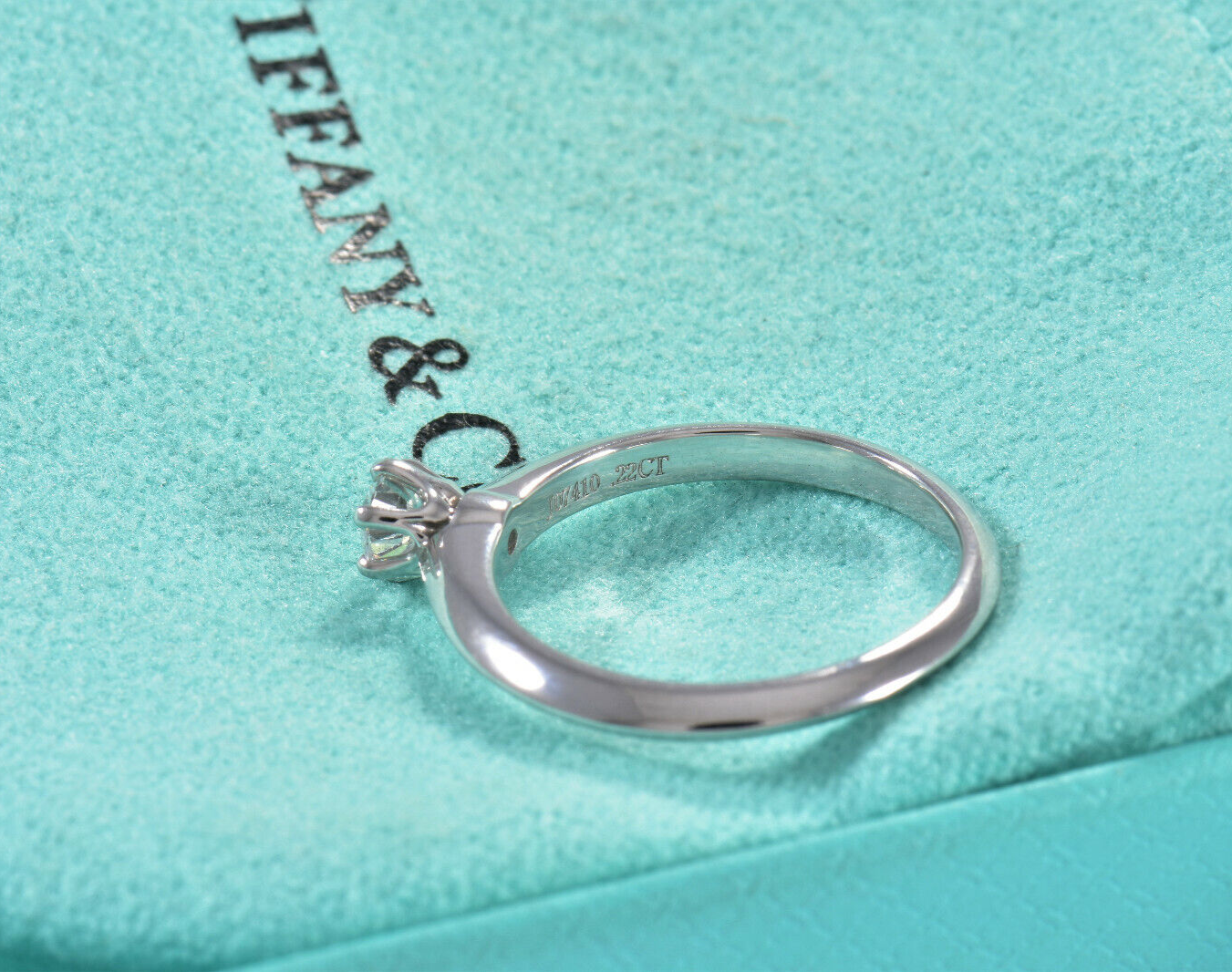 Tiffany & Co Platinum .22 ct Round Solitaire Diamond Ring Size 5 in Box Pouch