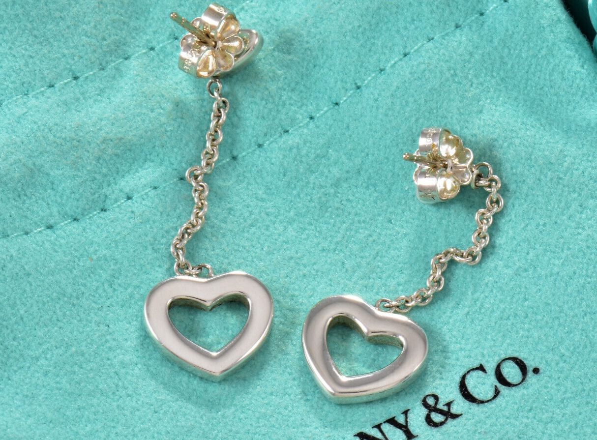 Tiffany & Co Silver Heart Drop Lariat Dangle Earrings Only Lovely