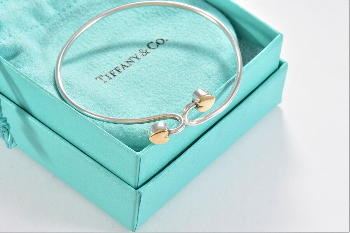 Tiffany & Co 18k Gold Silver Double Heart Hook Bracelet in Box Pouch Bangle Rare