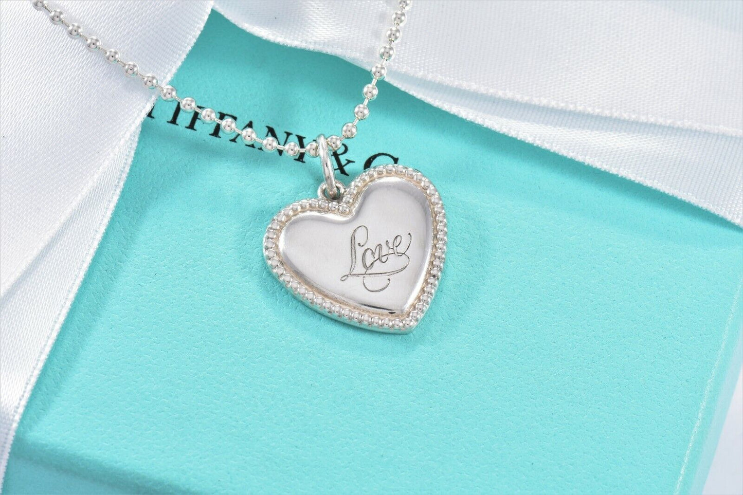 Tiffany & Co Silver Love Signature Heart Pendant Bead Necklace Box Pouch Ribbon