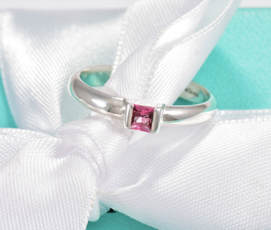 Tiffany & Co Sterling Silver Pink Sapphire Square Stack Band Ring Size 9.5 Boxed