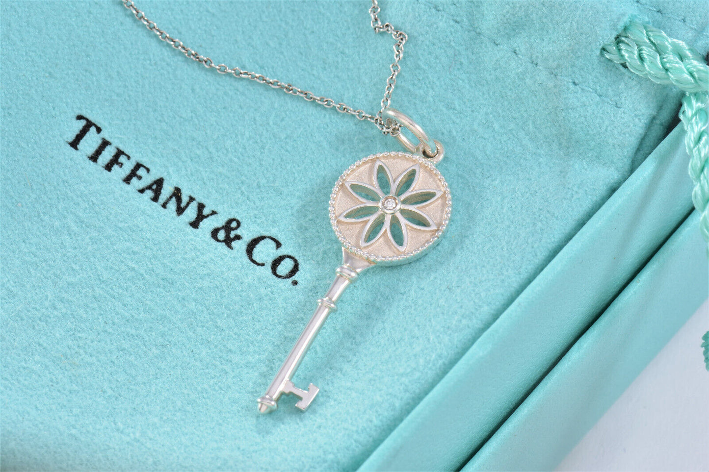 Tiffany & Co Silver Diamond Daisy Flower 1.5" Key Pendant 18" Necklace in Box