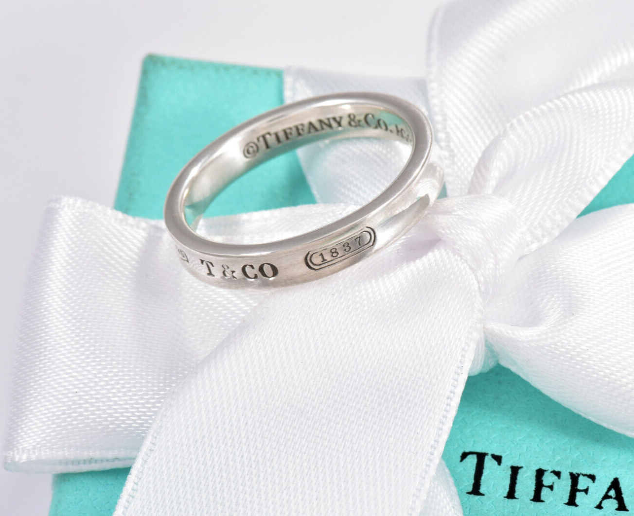 Tiffany & Co Silver 1837 Narrow Band Stack Ring Size 6 in Pouch Unisex Mens