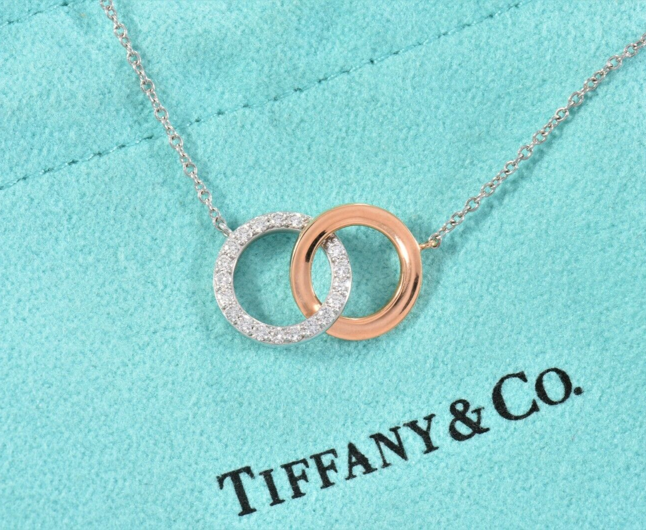 Tiffany & Co Diamond 18k White Rose Gold Interlocking Circles Pendant Necklace