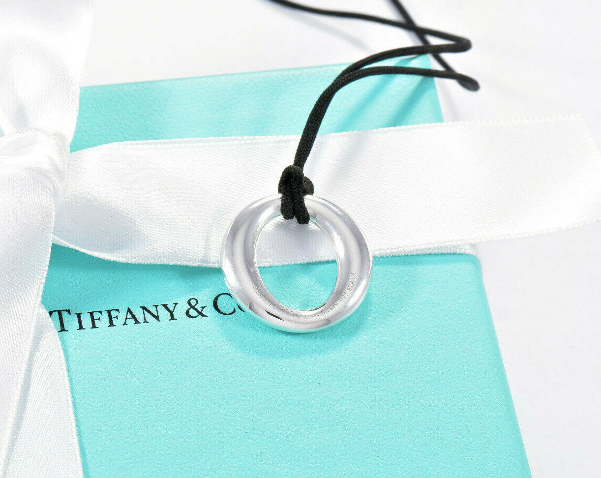 Tiffany & Co Silver Elsa Peretti Sevillana O Pendant Black Silk Necklace in Box